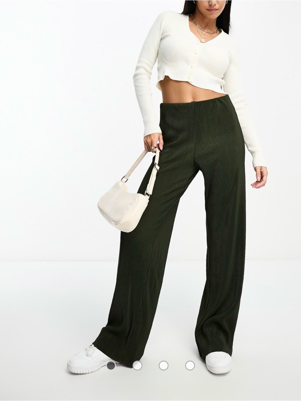 Mango Wide-Leg Ribbed Pants in Dark Olive